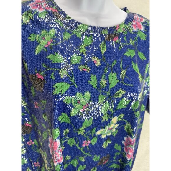 Zara Trafaluc Size Medium Blue Floral Sequin T-Shirt Blouse - Picture 4 of 8